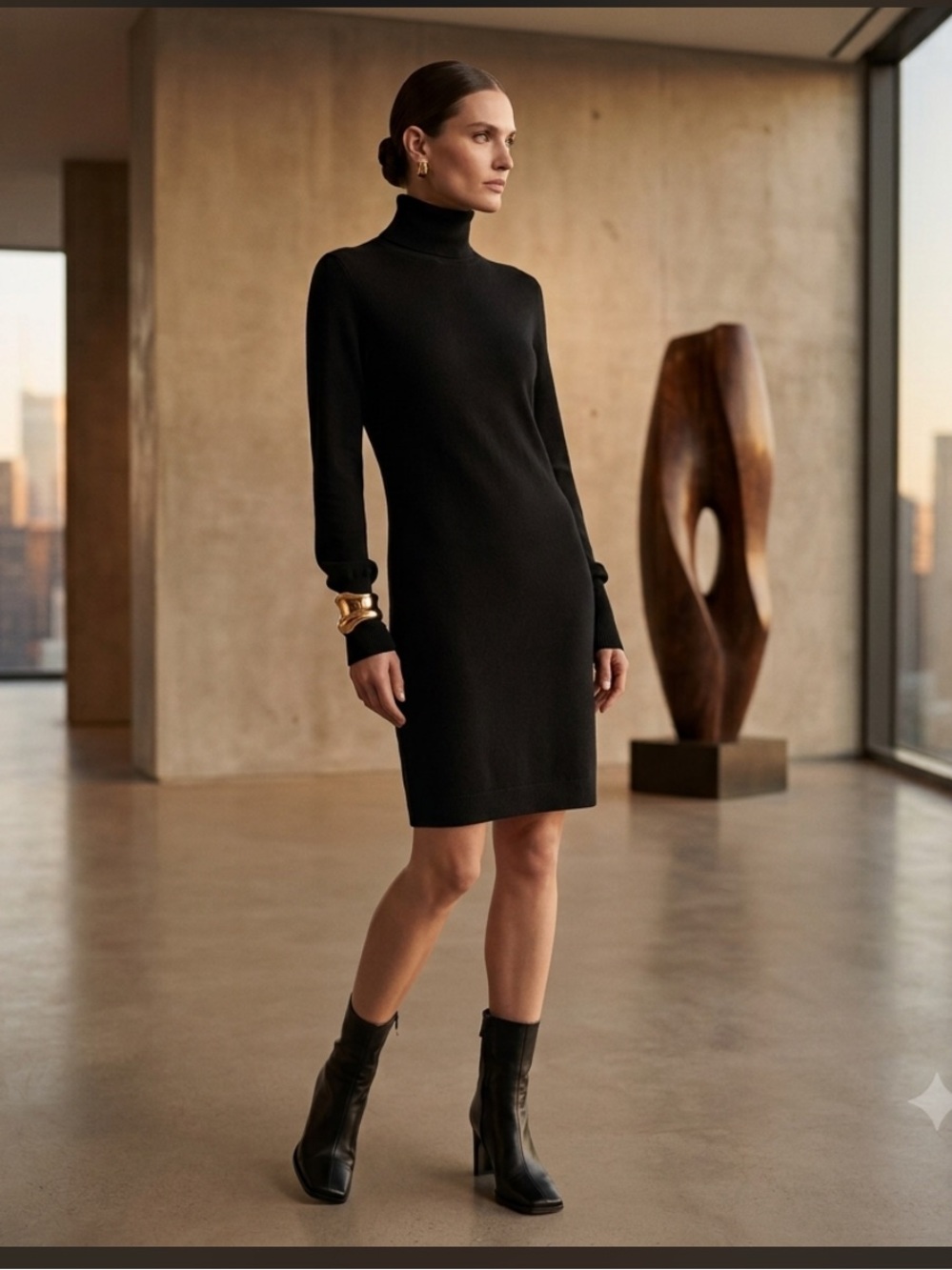 Company Ellen Tracy Wool Blend Turtleneck Sweater Dress Black Knit Womens Size L